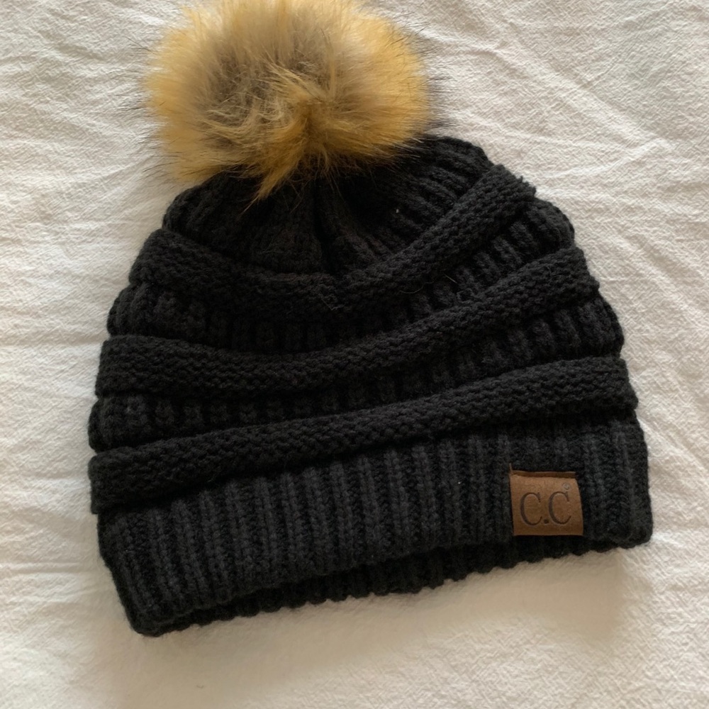 CC Black Beanie With Poof